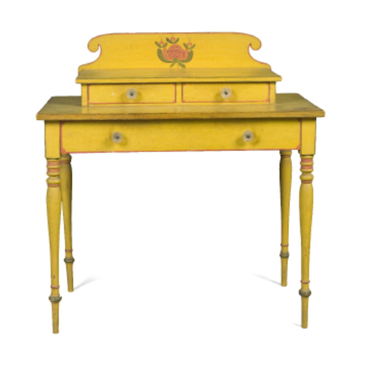 Appraisal: MAINE YELLOW-PAINTED AND DECORATED DRESSING TABLE CIRCA The scrolled backsplash