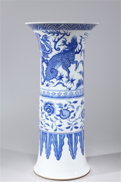 Appraisal: Chinese blue and white porcelain beaker vase with mythical beasts