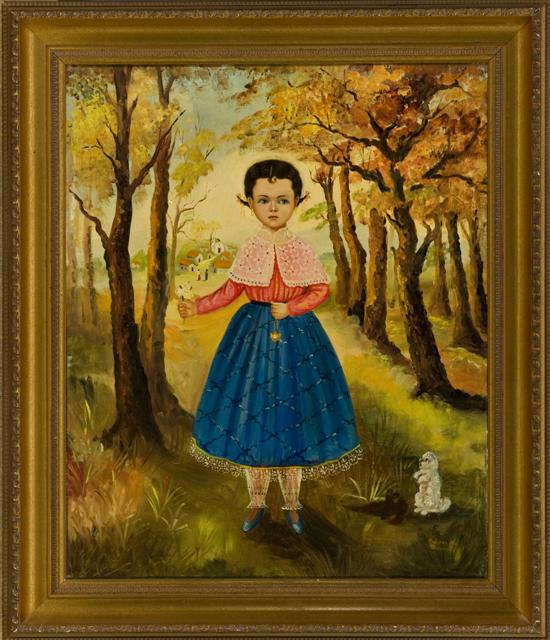 Appraisal: Folk art painting of a girl in a wooded landscape