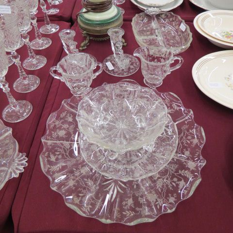 Appraisal: pcs Etched Crystal includes tray candleholders creamer sugar bowl dish