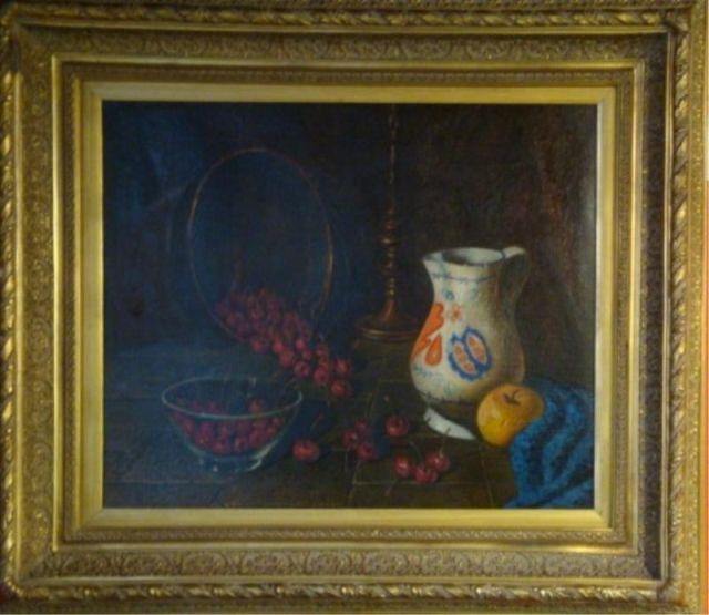 Appraisal: Bi O C Still Life with Cherries and Pitcher Signed