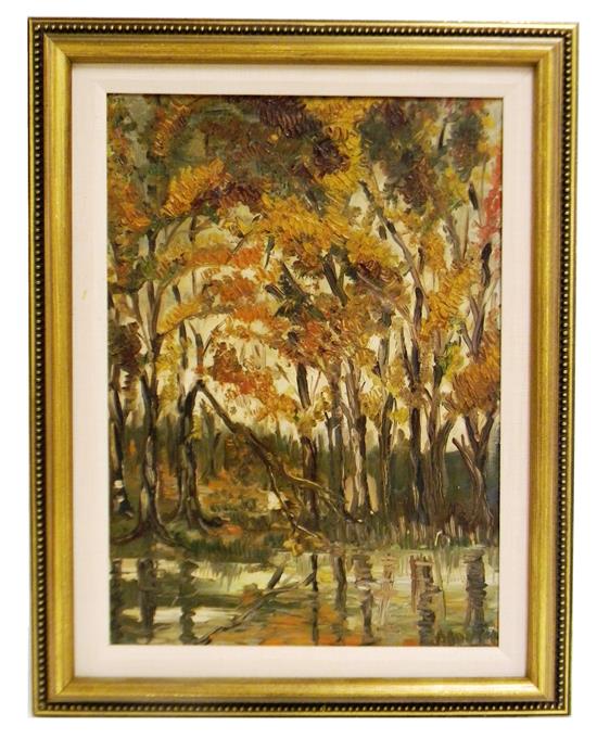 Appraisal: th C oil on board depicting fall pond scene in