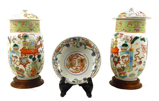 Appraisal: ASIAN three pieces Chinese porcelain including pair covered jars and