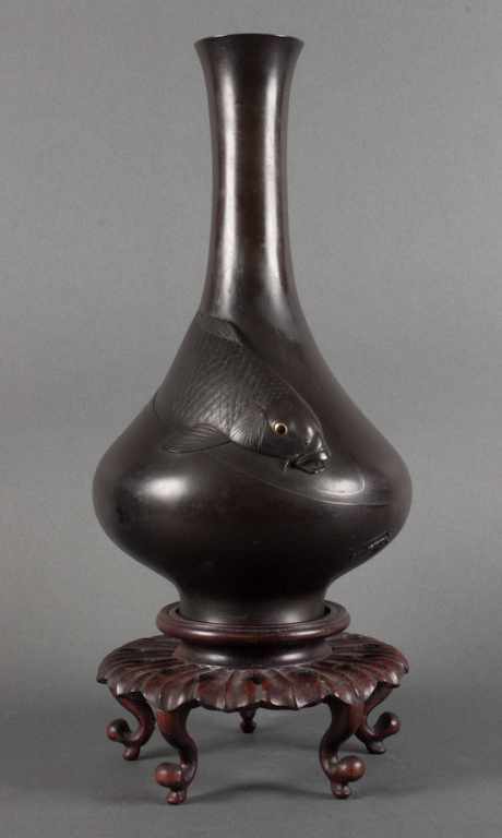 Appraisal: Japanese patinated bronze vase with carp and prawn relief decoration