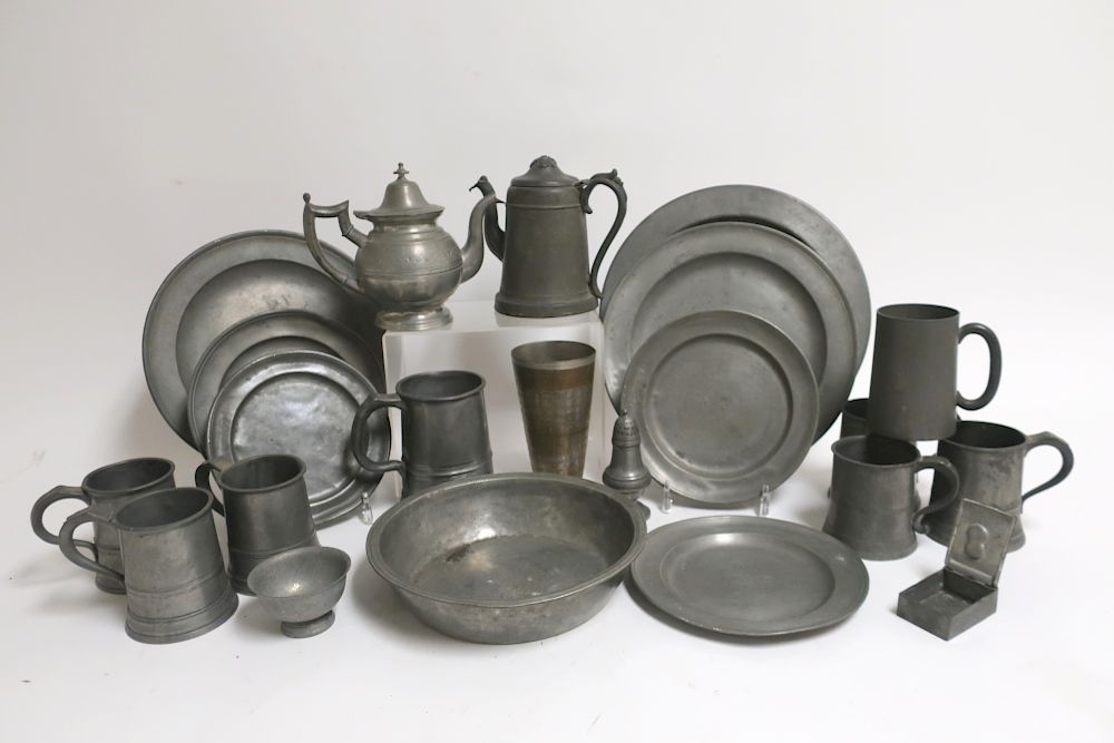 Appraisal: Collection Antique Pewter Pints quart platters teapot plates Some with