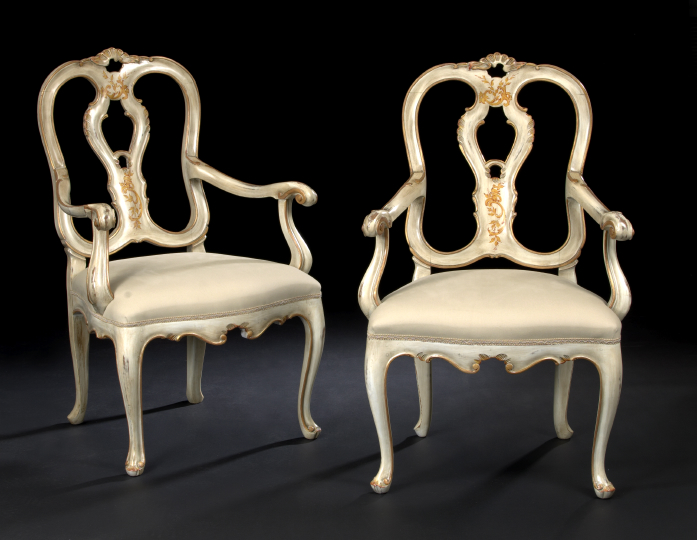 Appraisal: Pair of Italian-Style Polychromed Fauteuils each with a slightly domed