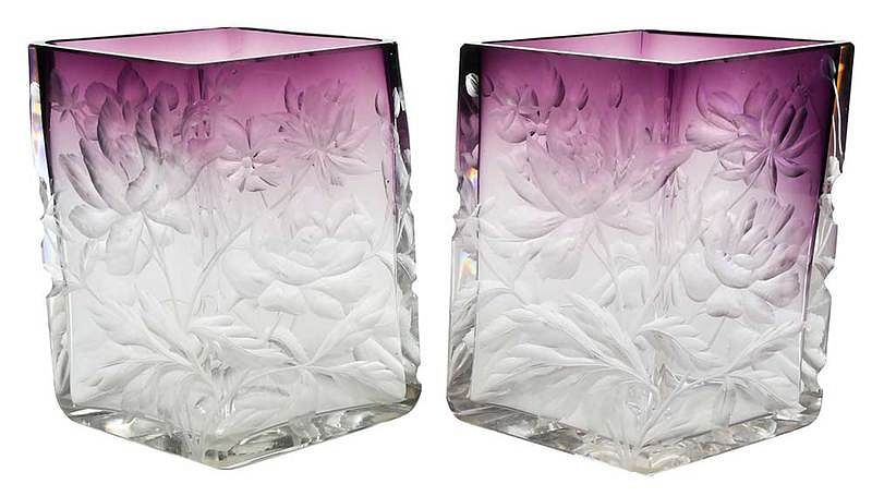 Appraisal: Pair of Amethyst to Clear Art Glass Vases possibly Moser