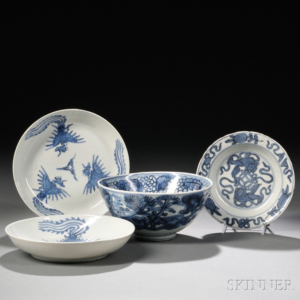 Appraisal: Four Blue and White Tableware Items China Ming Dynasty a