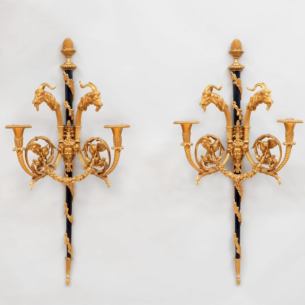 Appraisal: Pair of Louis XVI Style Gilt-and-Patinated Bronze Two-Light Wall Sconces