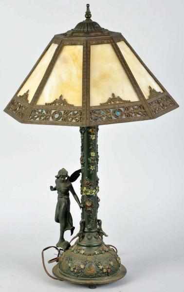 Appraisal: Slag Glass Lamp with Floral Base Winged girl missing one