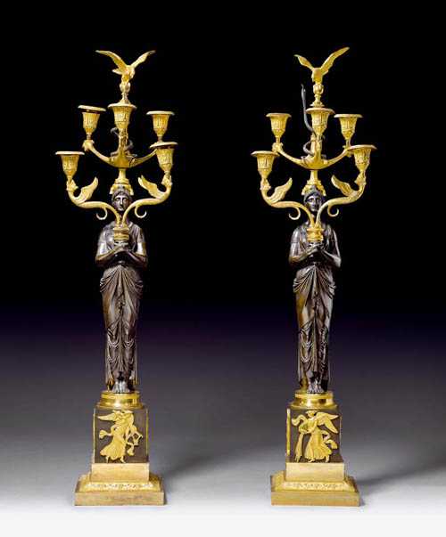 Appraisal: PAIR OF BRONZE CANDELABRAS AUX AIGLES Empire probably Russia circa