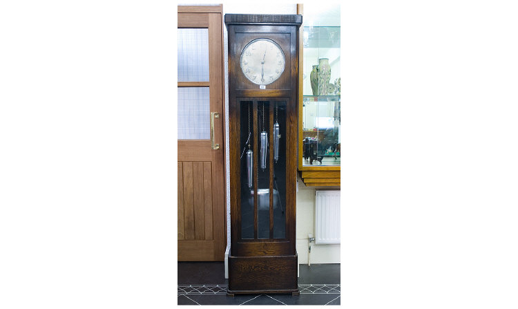 Appraisal: Art Deco Longcase Clock Triple Weight With Repeat Mechanism Silvered