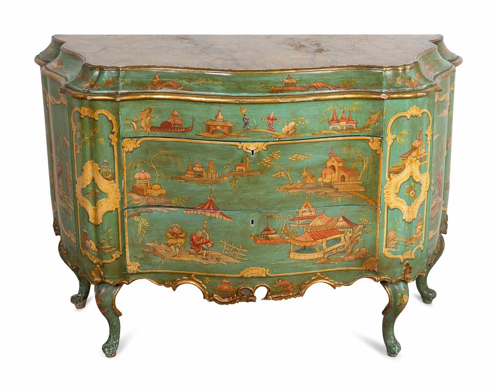 Appraisal: A Venetian Rococo Style Polychromed Bombe Commode Height x length