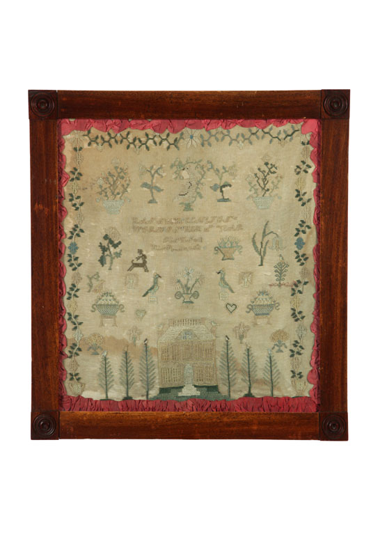 Appraisal: SAMPLER Hannah Clayton probably American silk on gauze Two-story house