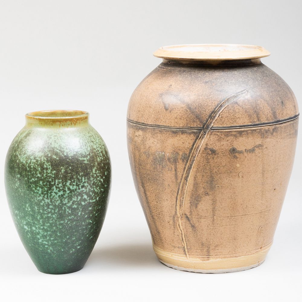 Appraisal: Fulper Green Glazed Pottery Vase and a Glazed Pottery Jar