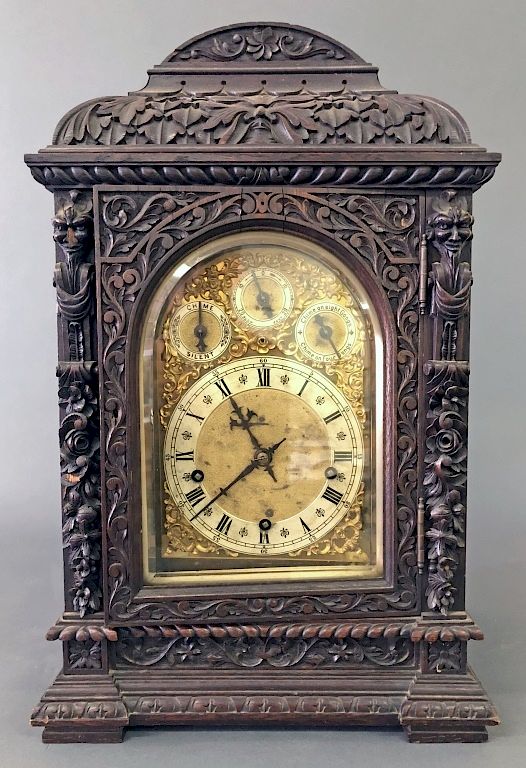 Appraisal: Heavily Carved Oak Cased Bracket Chime Clock Heavily carved German