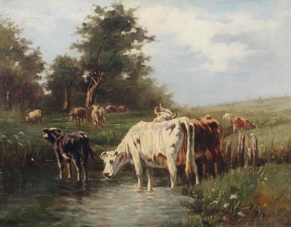 Appraisal: TURN OF THE CENTURY LANDSCAPE WITH COWS WATERING SIGNED M