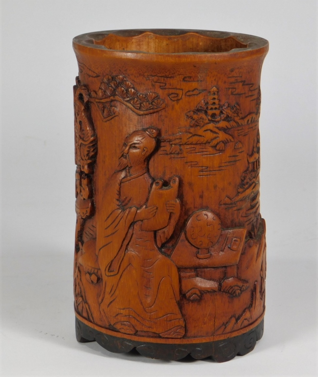 Appraisal: CHINESE CARVED BAMBOO LANDSCAPE BRUSH POT China Republic PeriodDecorated with