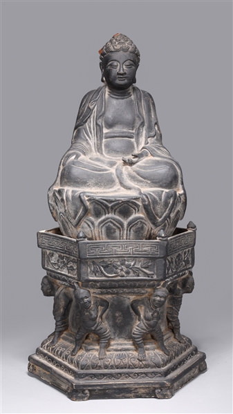 Appraisal: Chinese gray pottery seated Yuan style Buddha atop lotus base