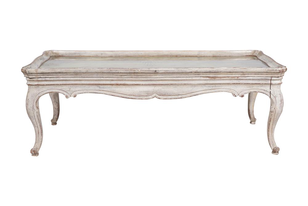 Appraisal: LOUIS XV STYLE GREY-PAINTED MIRROR TOP COFFEE TABLECondition intentionally distressed