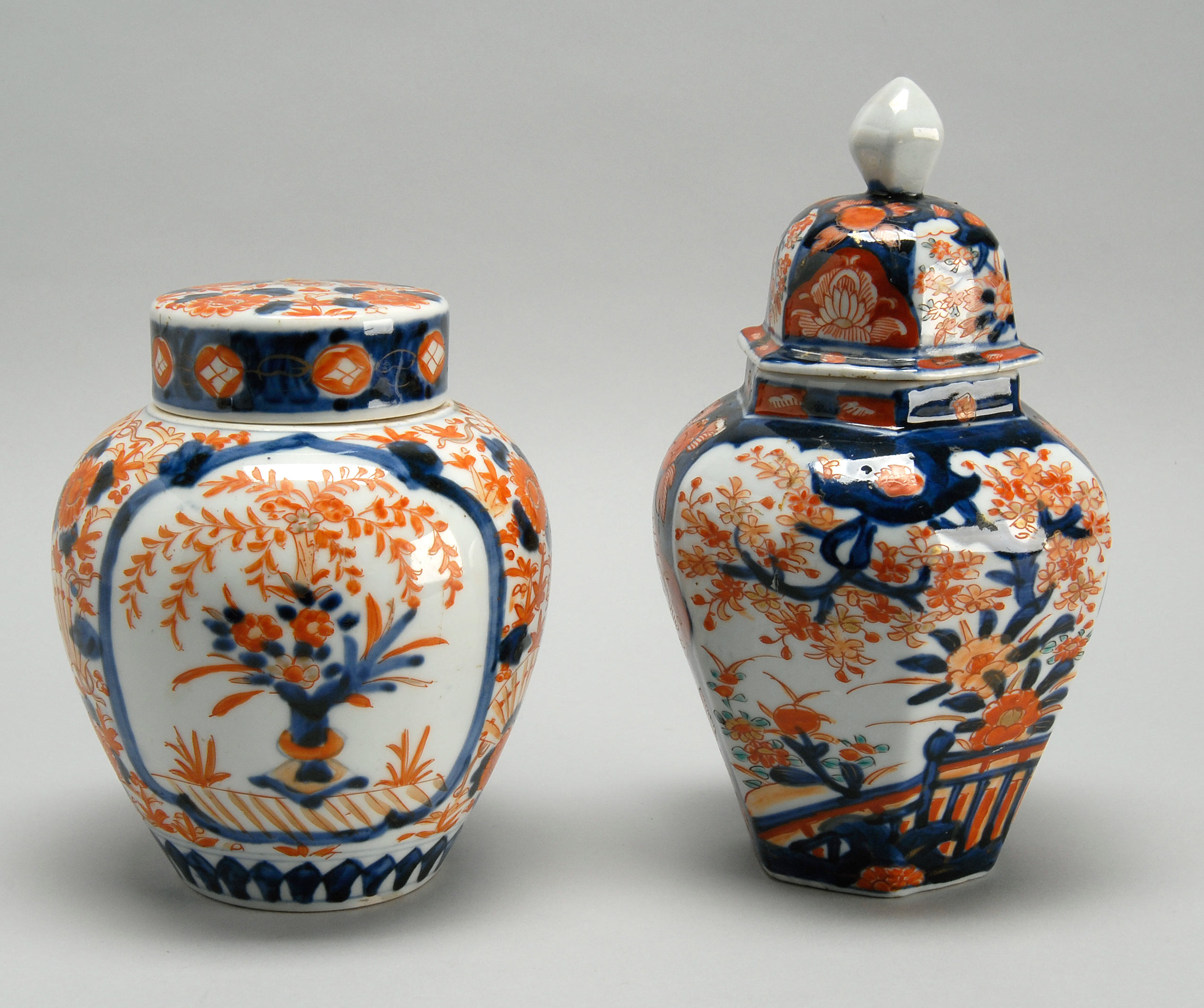 Appraisal: TWO IMARI PORCELAIN COVERED JARS th CenturyOne in hexagonal temple