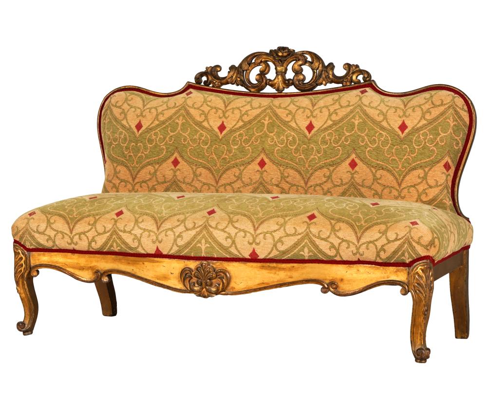 Appraisal: ROCOCO-STYLE CARVED GILTWOOD BENCHcovered with Italian wool damask chenille fabric