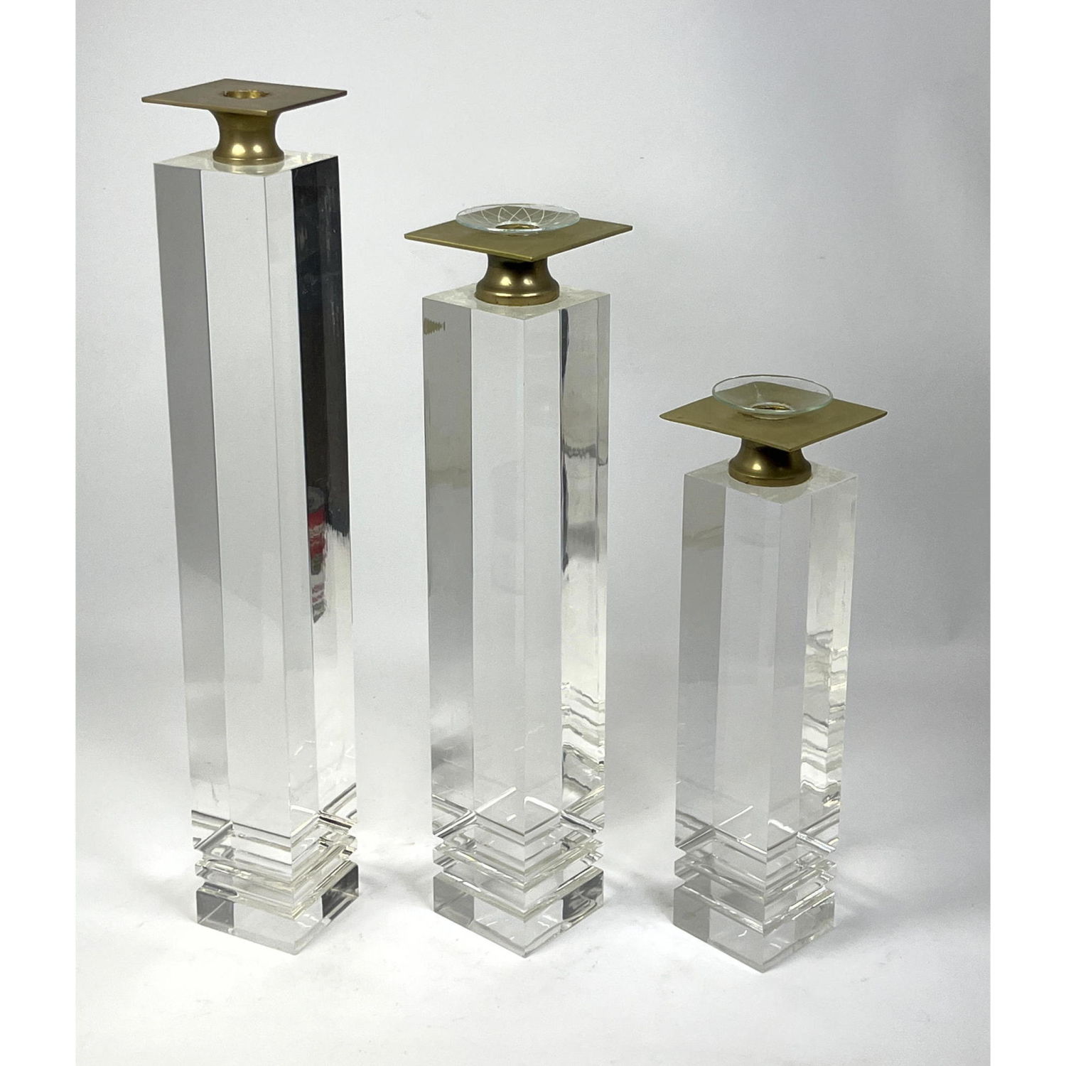 Appraisal: Set Lucite Square Column Candlesticks Brass Tops Dimensions H inches