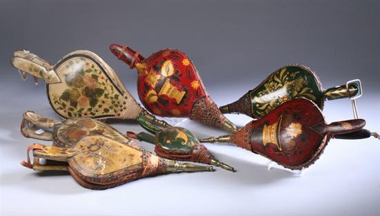 Appraisal: SEVEN AMERICAN POLYCHROME PAINTED LEATHER BELLOWS th century The edges