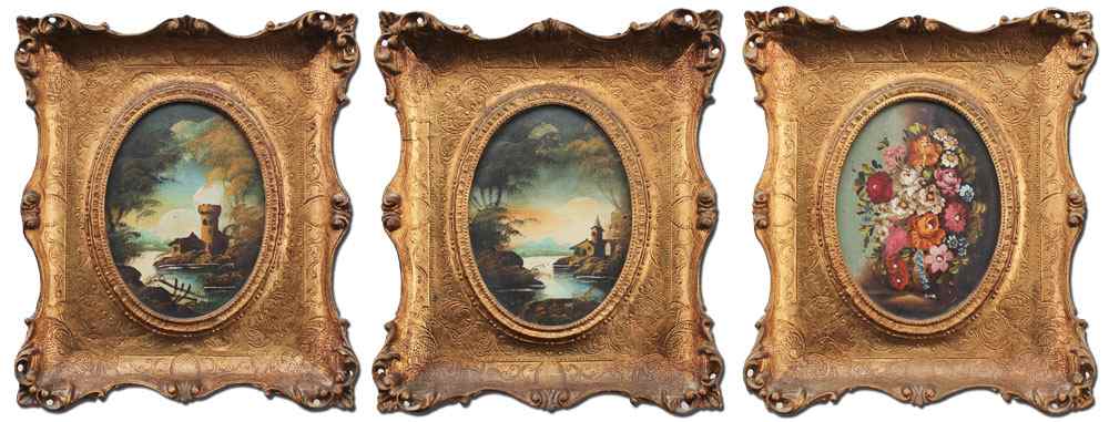 Appraisal: GILDED AND CARVED ITALIAN FRAMES Each containing a decorative oil