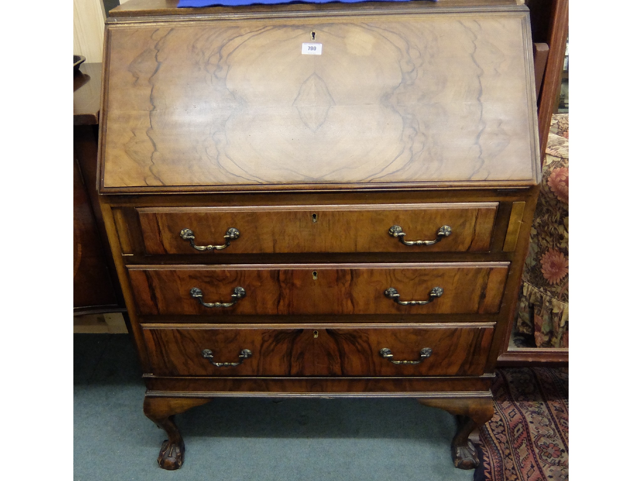 Appraisal: Walnut writing bureau on ball and claw supports