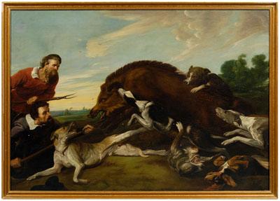 Appraisal: Painting after Frans Snyders The Boar Hunt two men with