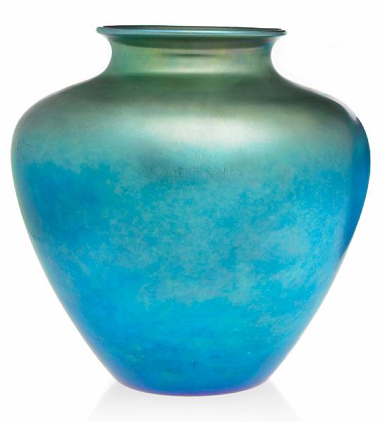 Appraisal: A Steuben blue Aurene glass baluster vase shape circa engraved