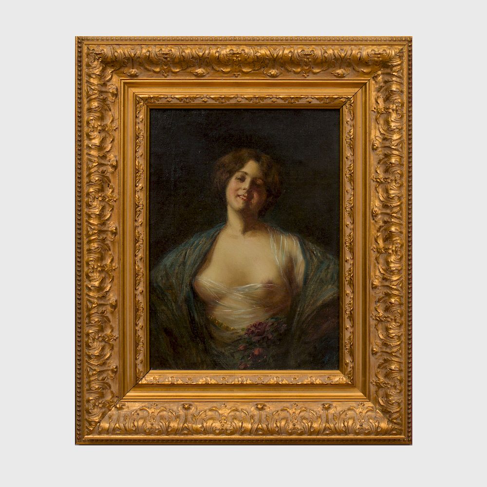 Appraisal: American School Portrait of a Woman with a Blue Shawl