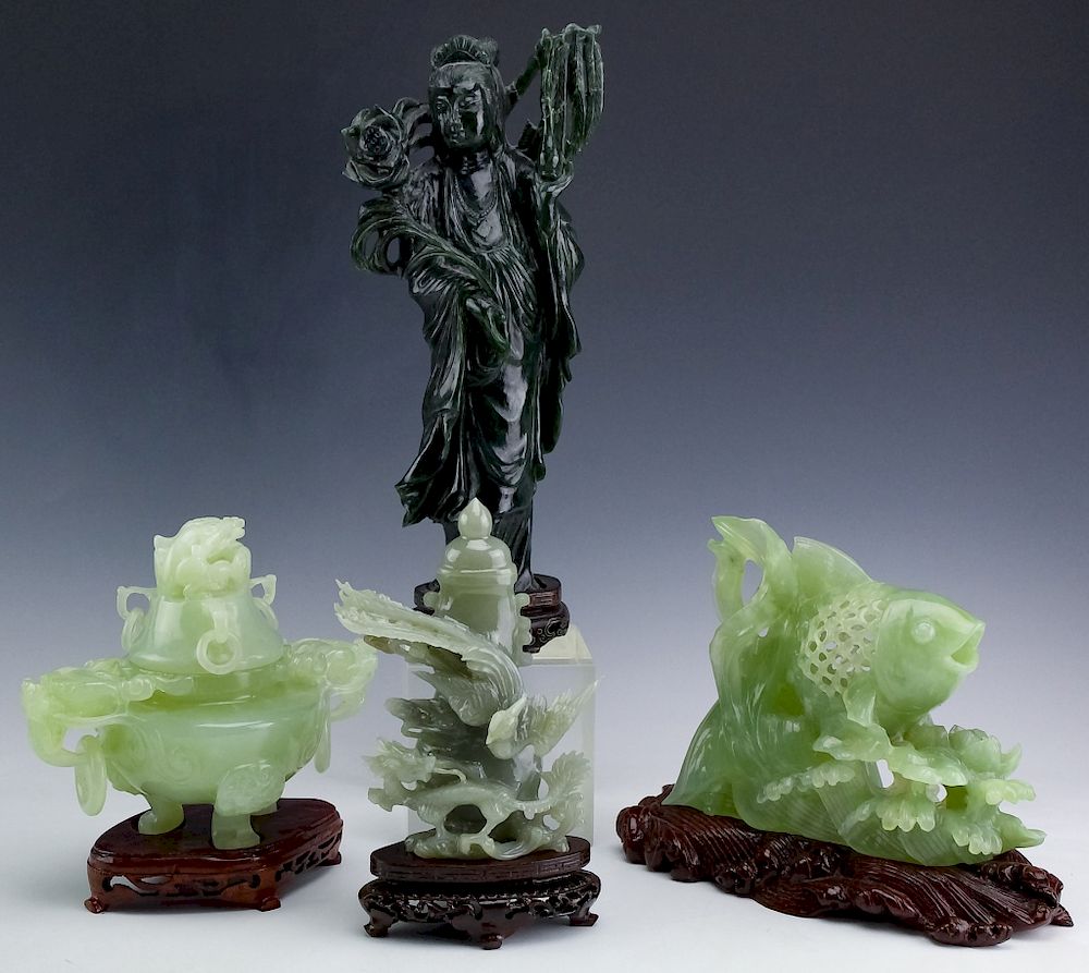 Appraisal: Chinese Carved Green Jade Figural Art Sculptures Collection of Chinese