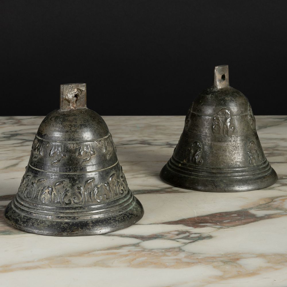 Appraisal: Two Continental Baroque Bronze Bells The largest x in diam