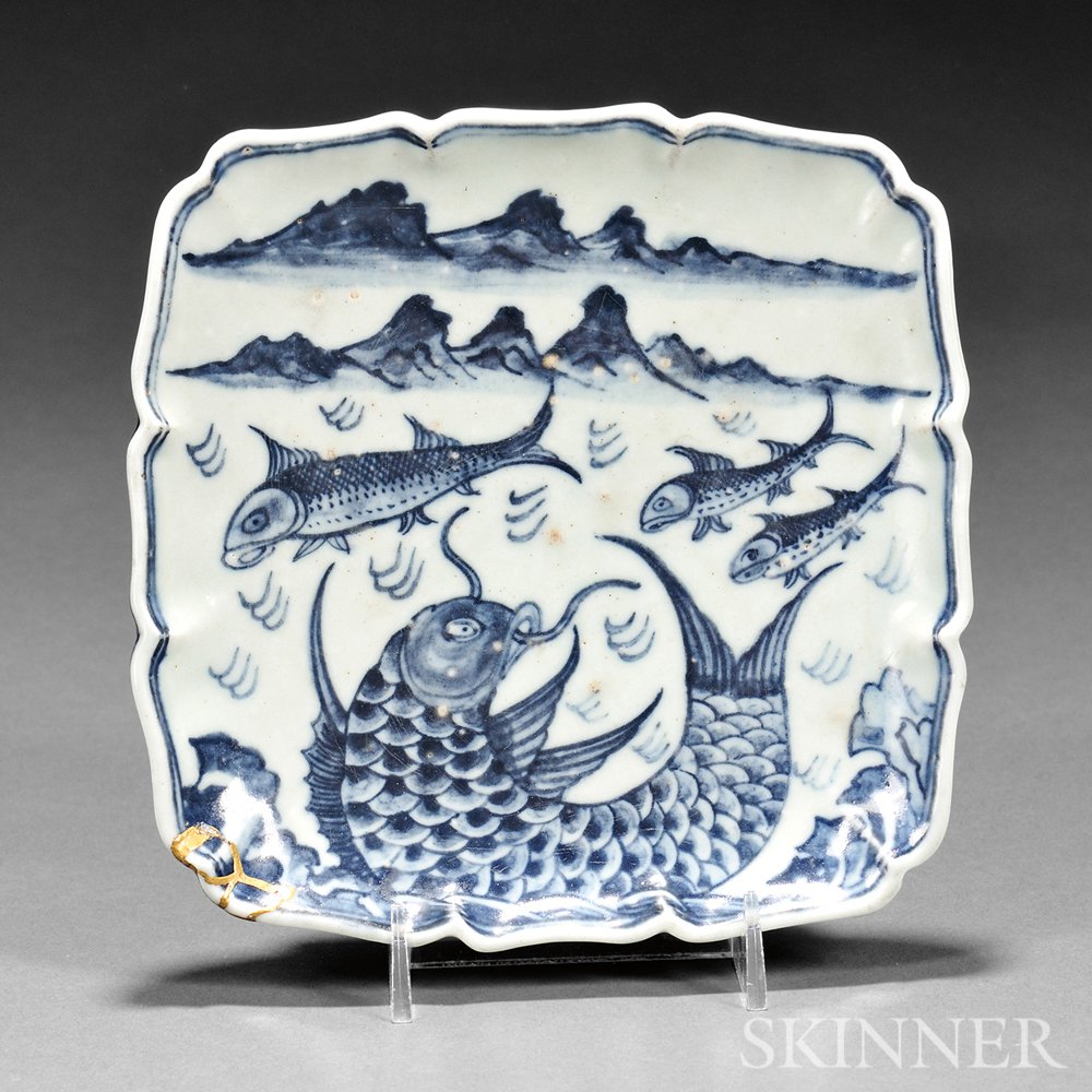 Appraisal: Blue and White Dish with Carp Korea th century square