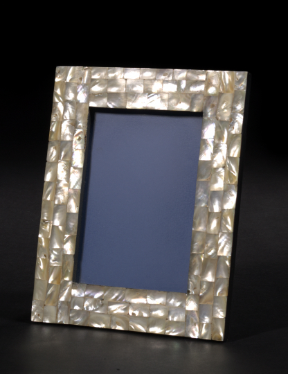 Appraisal: French Cut Polished and Pieced Mother-of-Pearl Mosaic Tabletop Photograph Frame