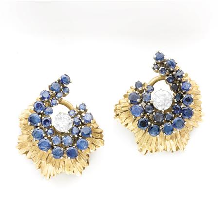 Appraisal: Gold Sapphire and Diamond Earclips Estimate -