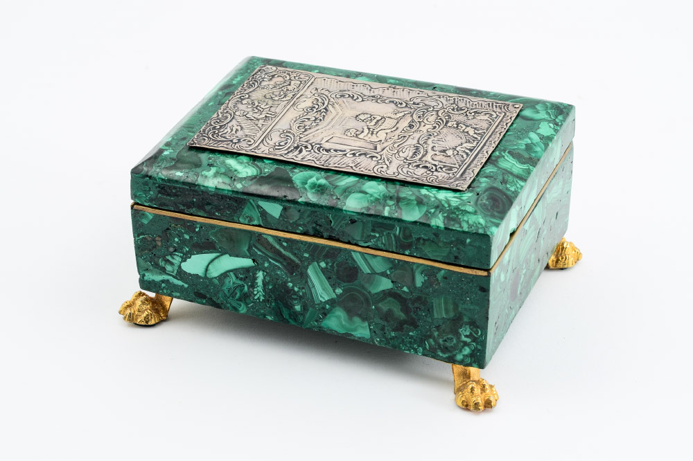 Appraisal: GERMAN SILVER MALACHITE BOX Removable lid with German silver embossed