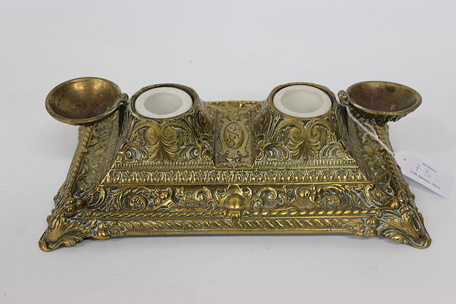 Appraisal: AN OLD CAST BRASS DOUBLE INK WELL with scrolling foliate