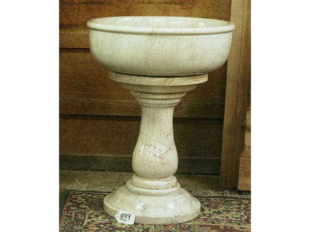 Appraisal: White carrera marble water basin on turned pedestal measures wide