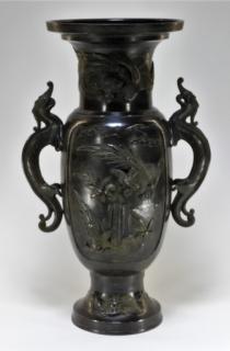 Appraisal: LG Japanese Patinated Bronze Phoenix Crane Vase JAPAN TH CENTURY