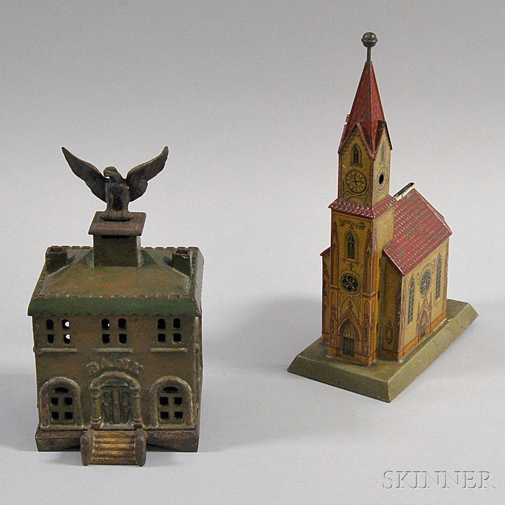 Appraisal: Two Metal Building Banks a lithographed tin church bank with