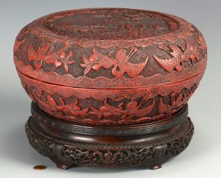 Appraisal: Chinese Cinnabar Covered Round Box Large Chinese cinnabar lacquer covered