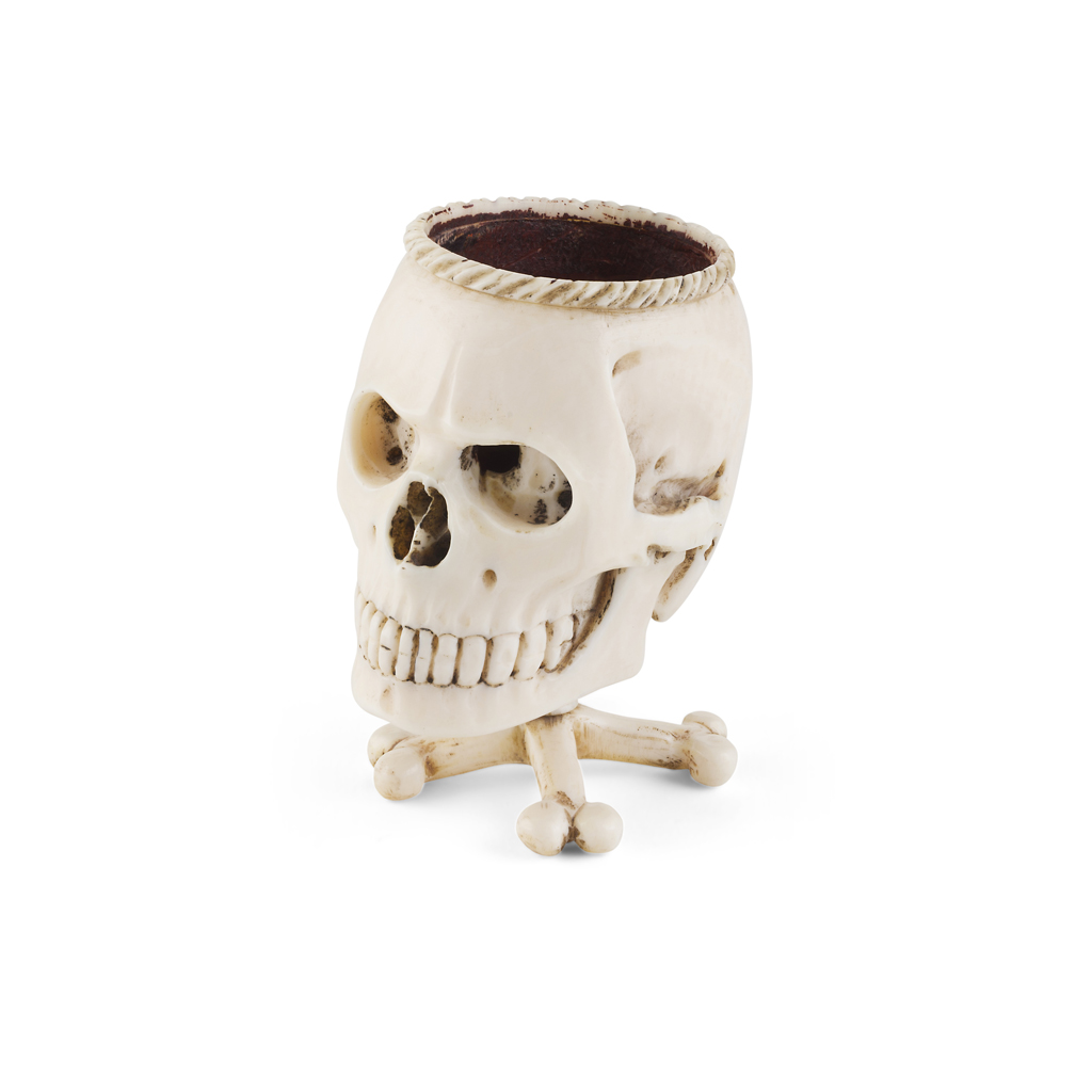 Appraisal: YCARVED IVORY SKULL MEMENTO MORI MATCH HOLDER EARLY TH CENTURY