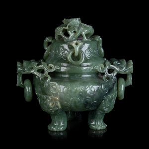 Appraisal: A Chinese Celadon Jadeite Incense Burner and Cover of tripod