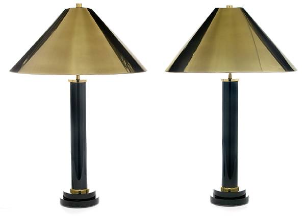 Appraisal: A pair of modern brass and black plastic table lamps