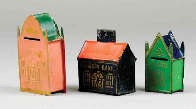 Appraisal: EARLY HAND PAINTED TIN BUILDING BANKS Includes one story Savings