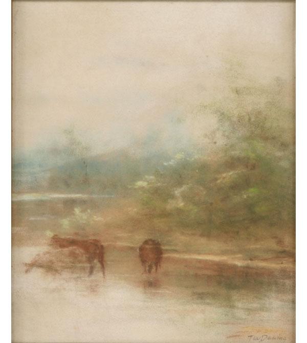 Appraisal: Thomas Wilmer Dewing - Attributed wading cattle with castle in