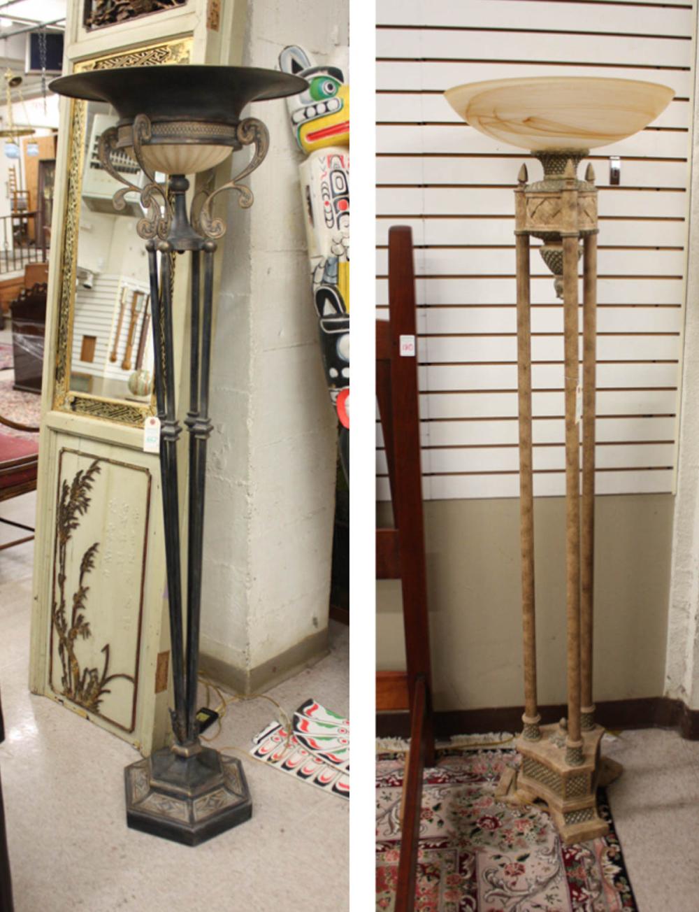 Appraisal: TWO METAL TORCHIERE FLOOR LAMPS H three column design with